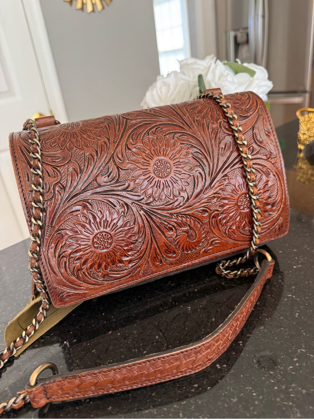 Vilenca Tooled Floral Shoulder Bag in Brown New Hand made